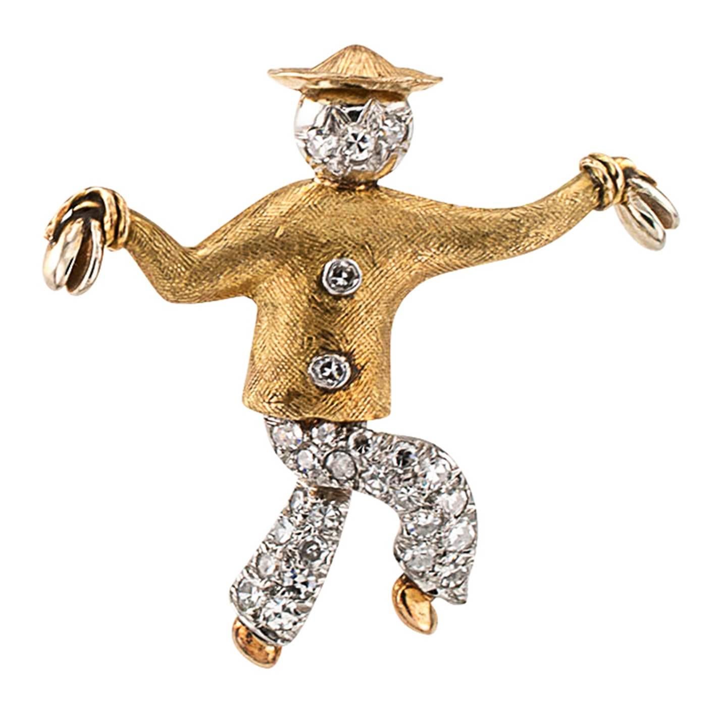 1950s Diamond Gold Platinum Cymbal Playing Dancer Brooch