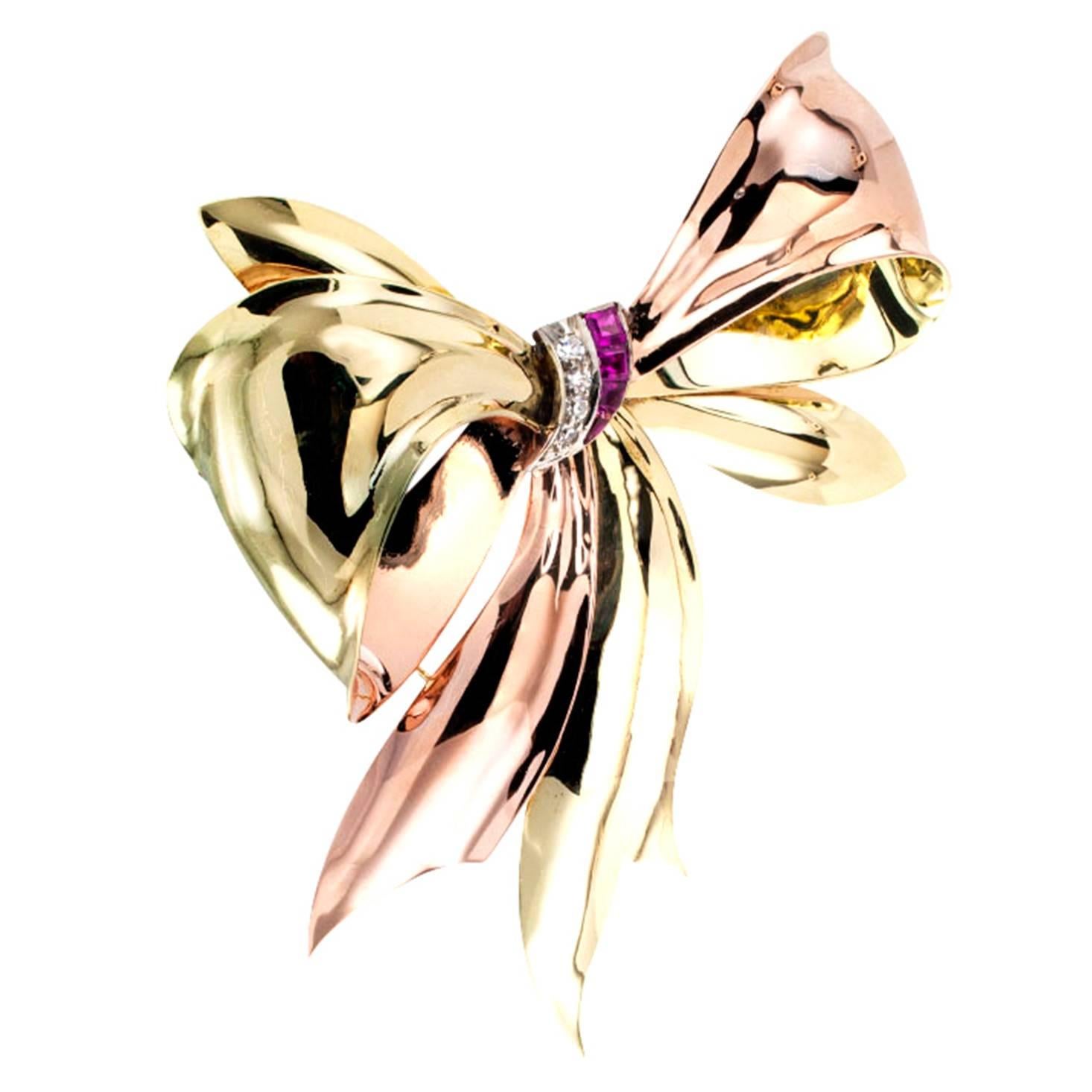 Tiffany & Co. Ruby Diamond Gold Retro Bow Brooch
