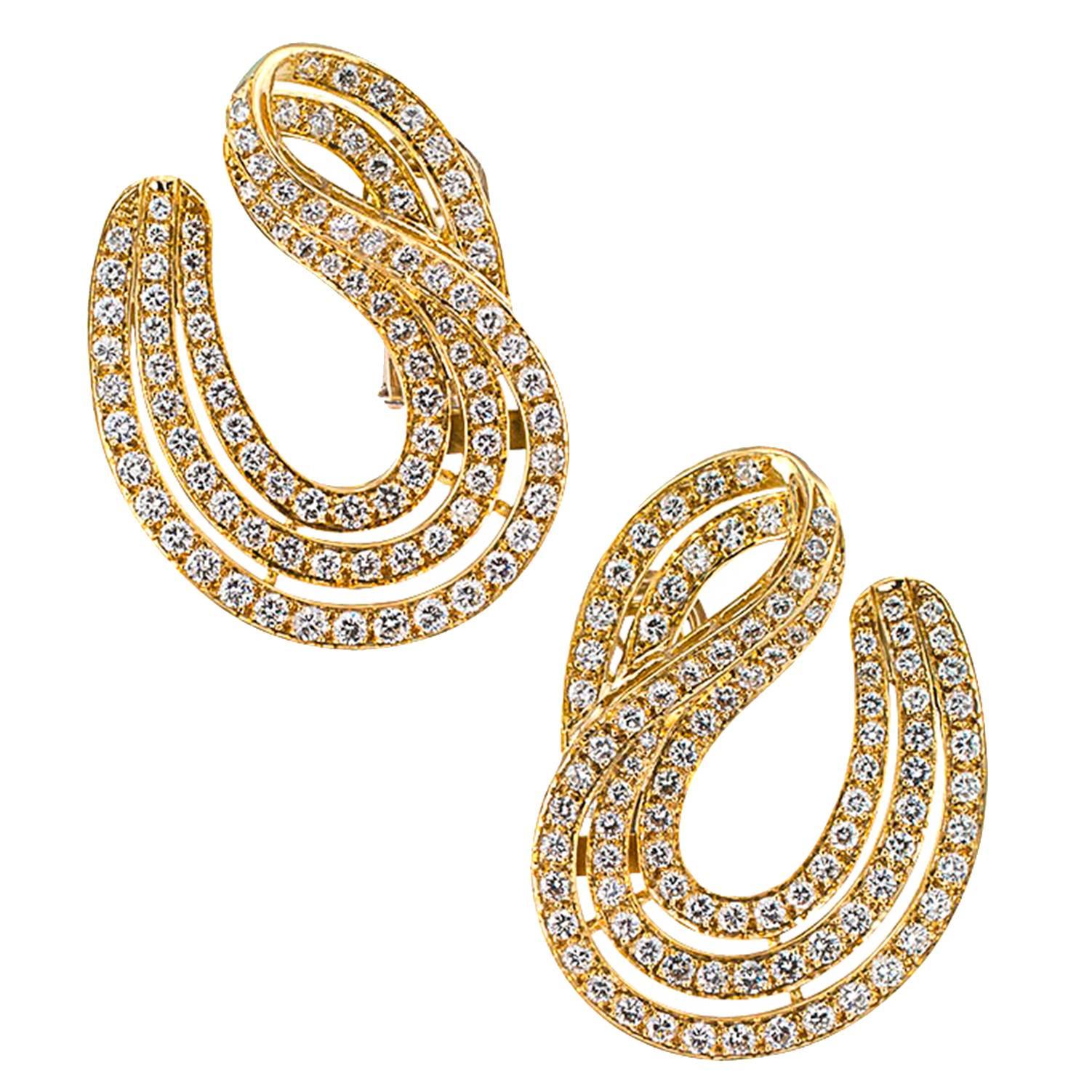 6.50 Carat Diamond Yellow Gold Swirl Earrings