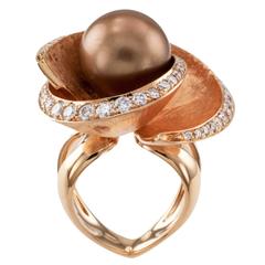 Chocolate Color Tahitian Cultured Pearl Diamond Rose Gold Ring