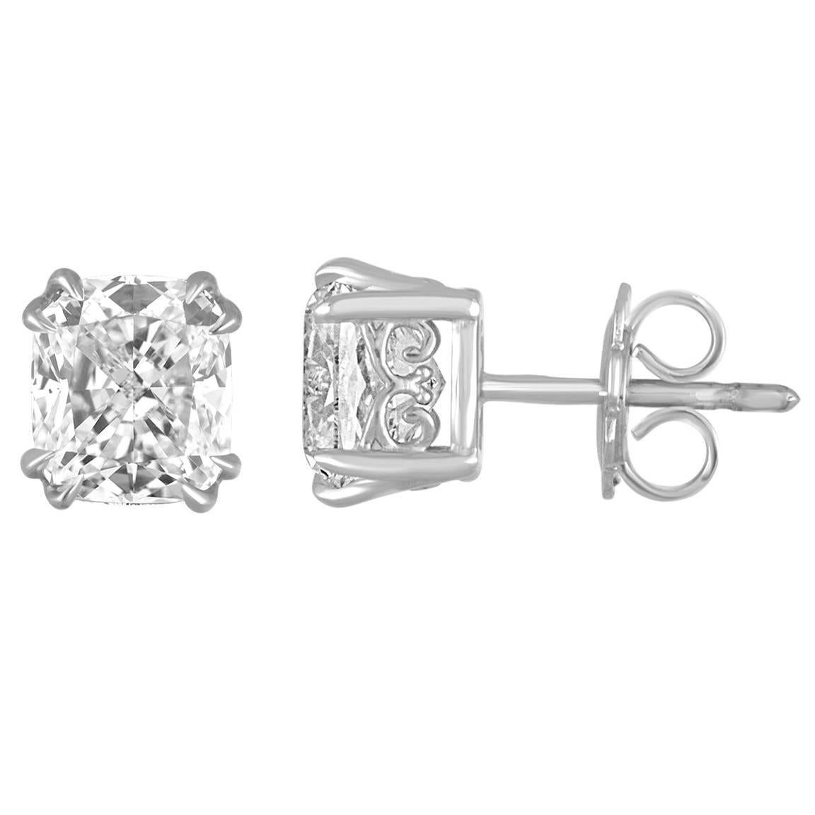 GIA Certified 4.06 Carats G VS Cushion Diamond Gold Stud Earrings For Sale