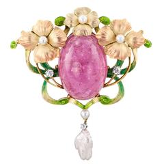 Art Nouveau Pink Tourmaline Enamel Pearl Diamond Brooch Pendant