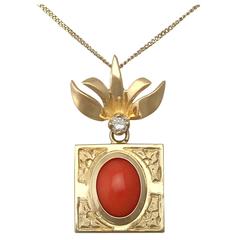 1970s Coral and Diamond, 18k Yellow Gold Pendant 12