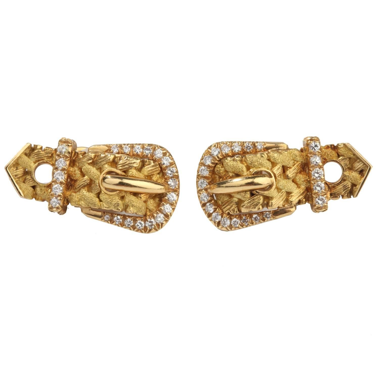 Hermes Paris Diamond Gold Belt Buckle Earrings