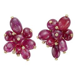 Burmese Ruby Bead Diamond Gold Cluster Earrings