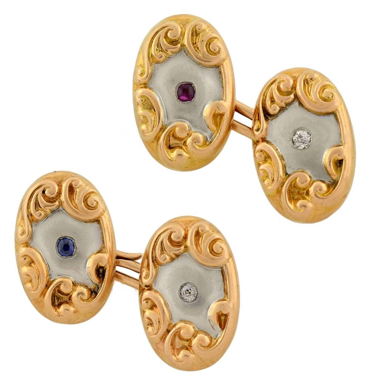 Edwardian Mixed Metals Ruby Sapphire Diamond Gold Cufflinks