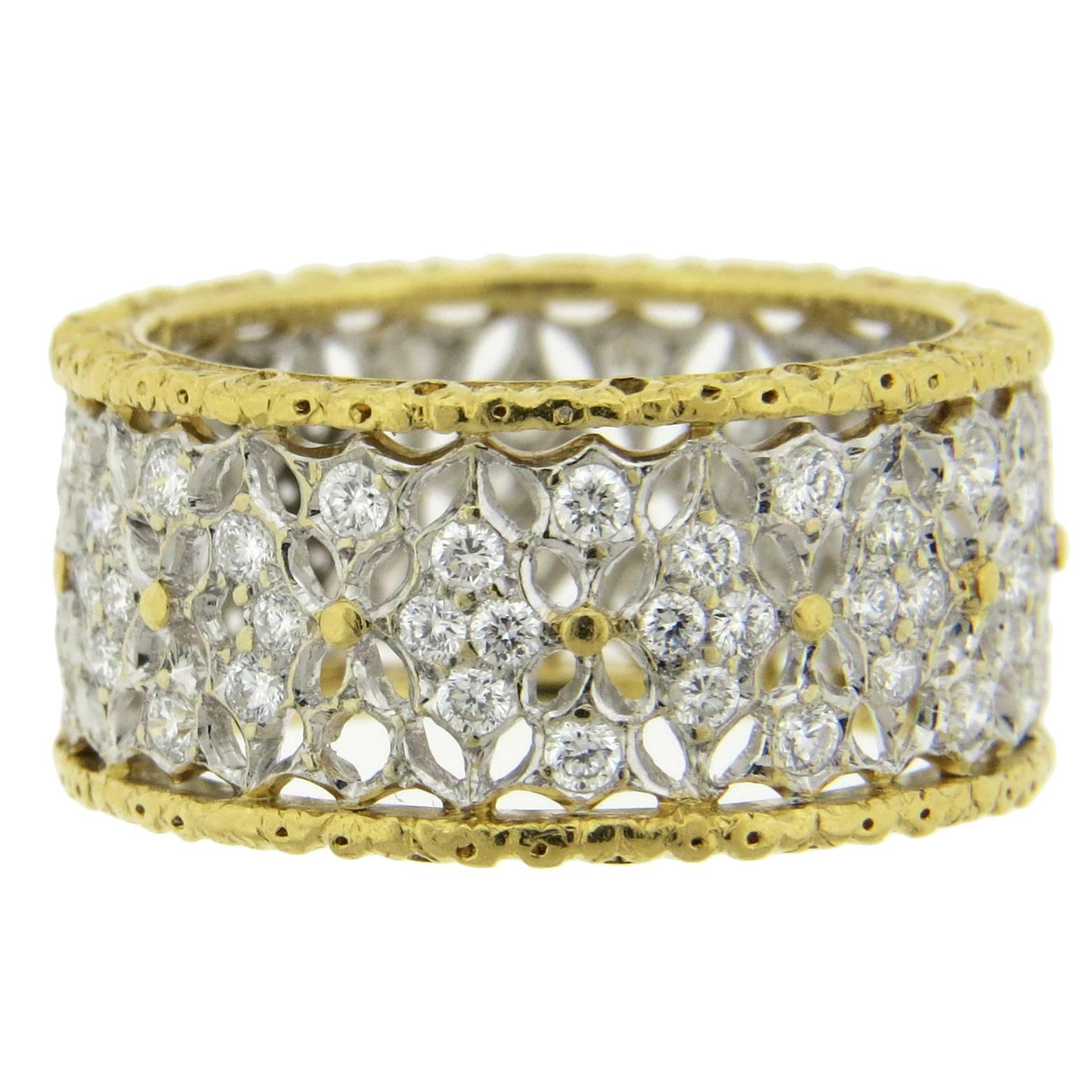 Buccellati Diamond Gold Openwork Wide Wedding Band Ring