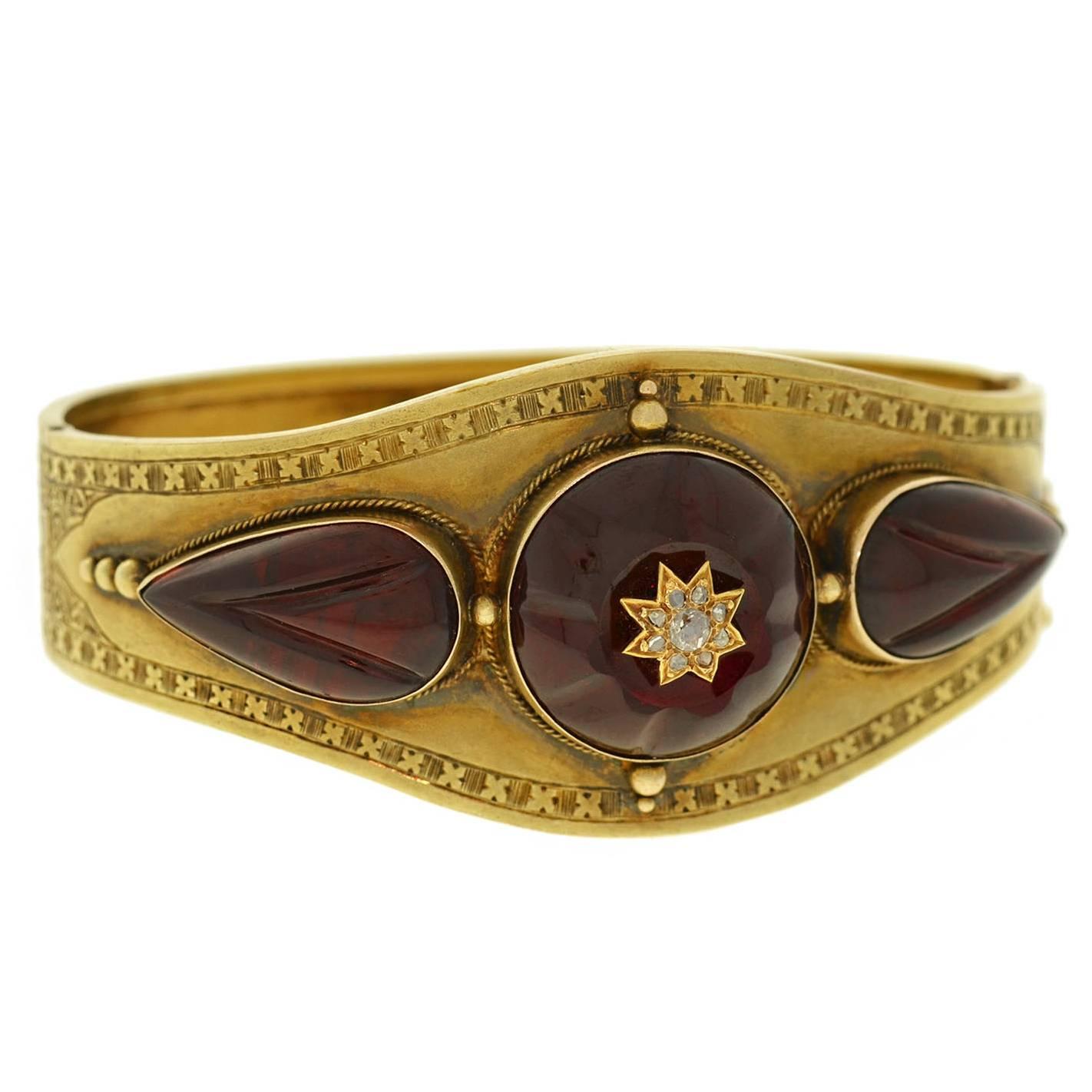 Victorian Carved Garnet and Diamond Starburst Bangle Bracelet For Sale