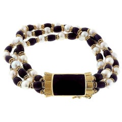 Vintage Cobalt Blue Enamel 3 Row Cultured Pearl Gold Bracelet 