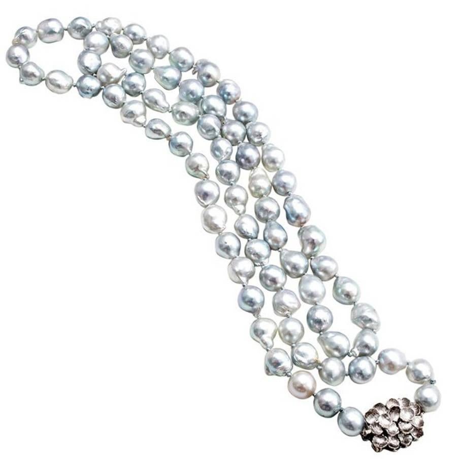 Silver Blue Cultured Pearl Baroque Gold Necklace 