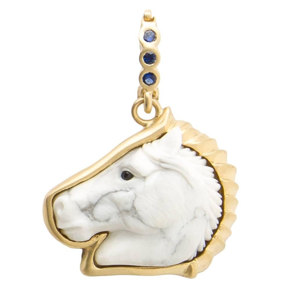 Howlite Horse Pendant Blue Sapphire Gold Enhancer