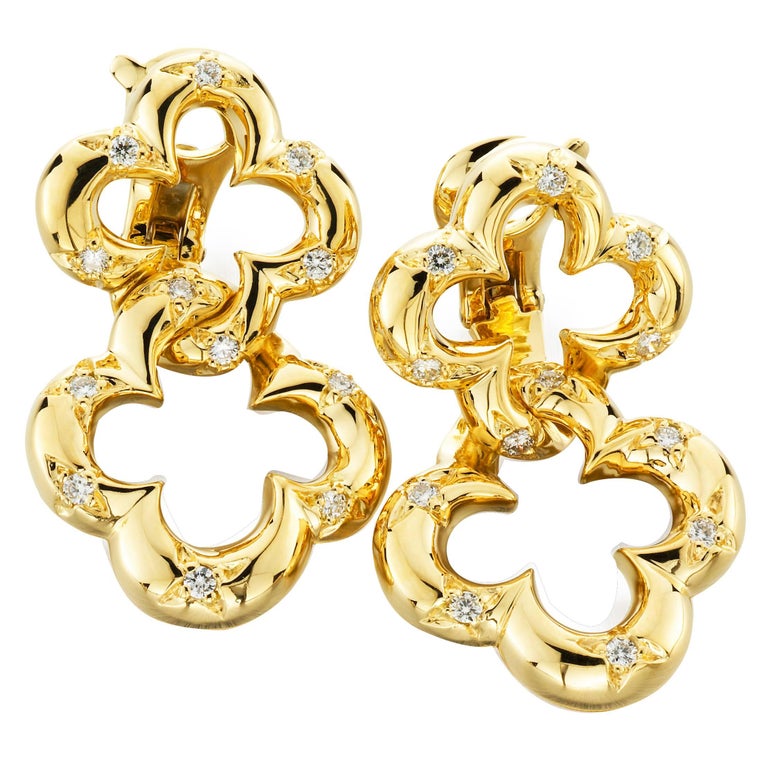 Jean Vitau Diamond Gold Double Clover Earrings at 1stDibs