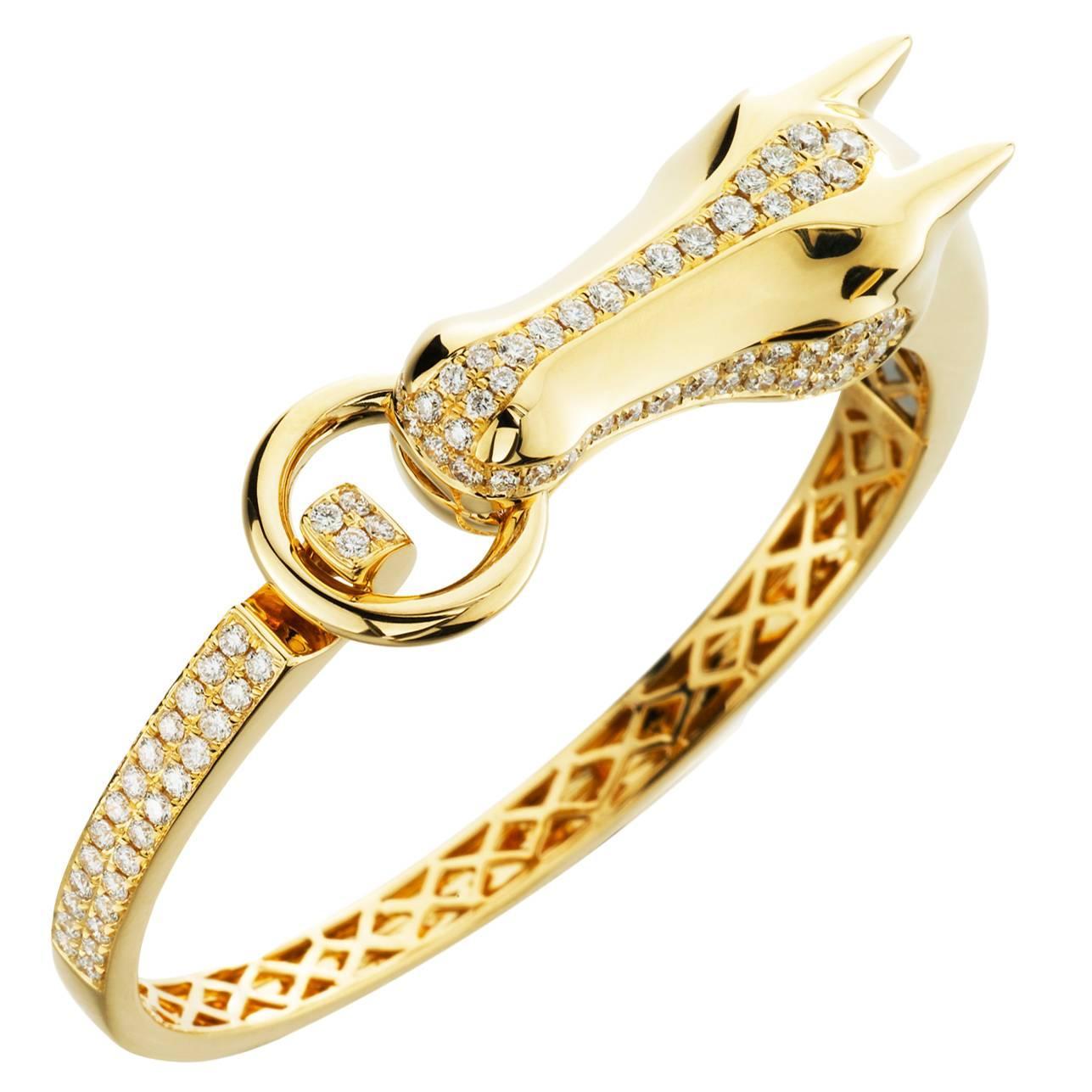 Diamond Gold Equestrian Horse Cuff Bracelet For Sale at 1stdibs