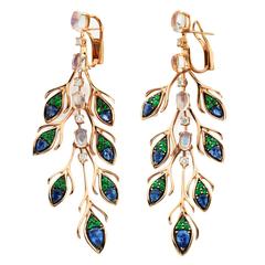 Garnet Sapphire Moonstone Diamond Gold Peacock Dangle Earring