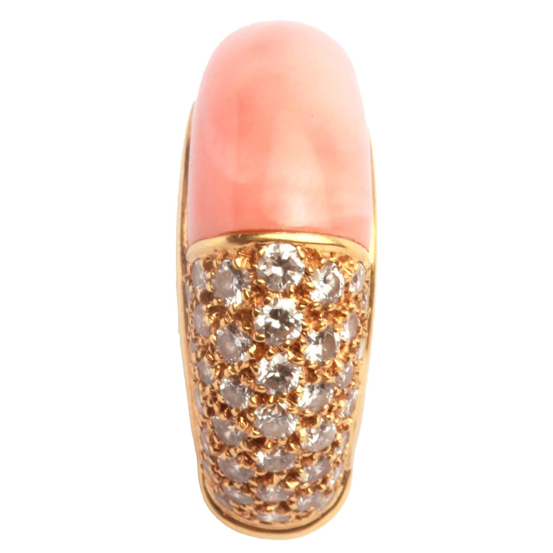 French Coral Diamond Pave Gold Ring
