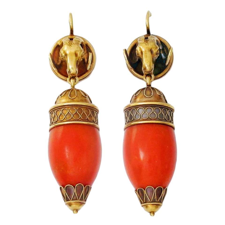 Pair of Etruscan Revival Coral Gold Earrings For Sale