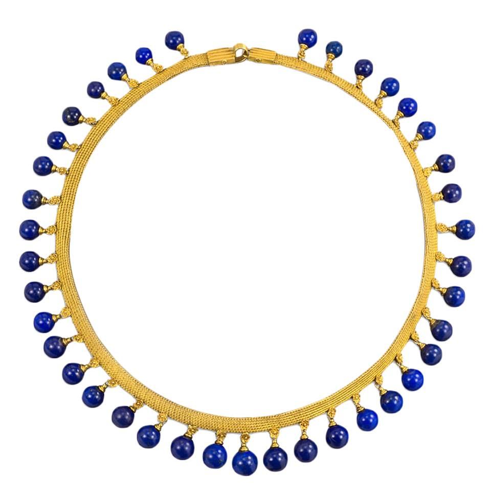 Antique Gold Lapis Bead Fringe Necklace