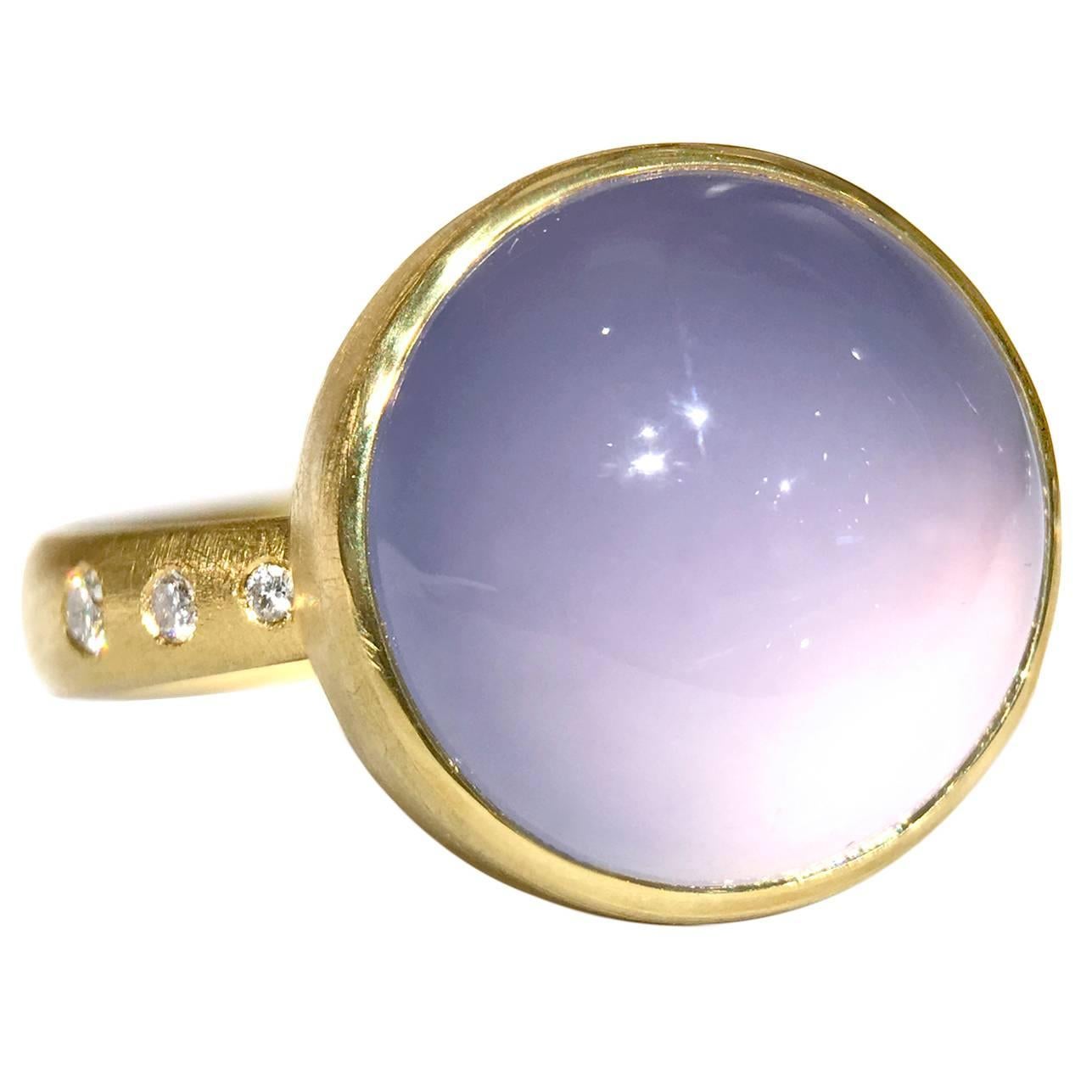Robin Waynee Glowing Blue Violet Chalcedony White Diamond Gold Handmade Ring