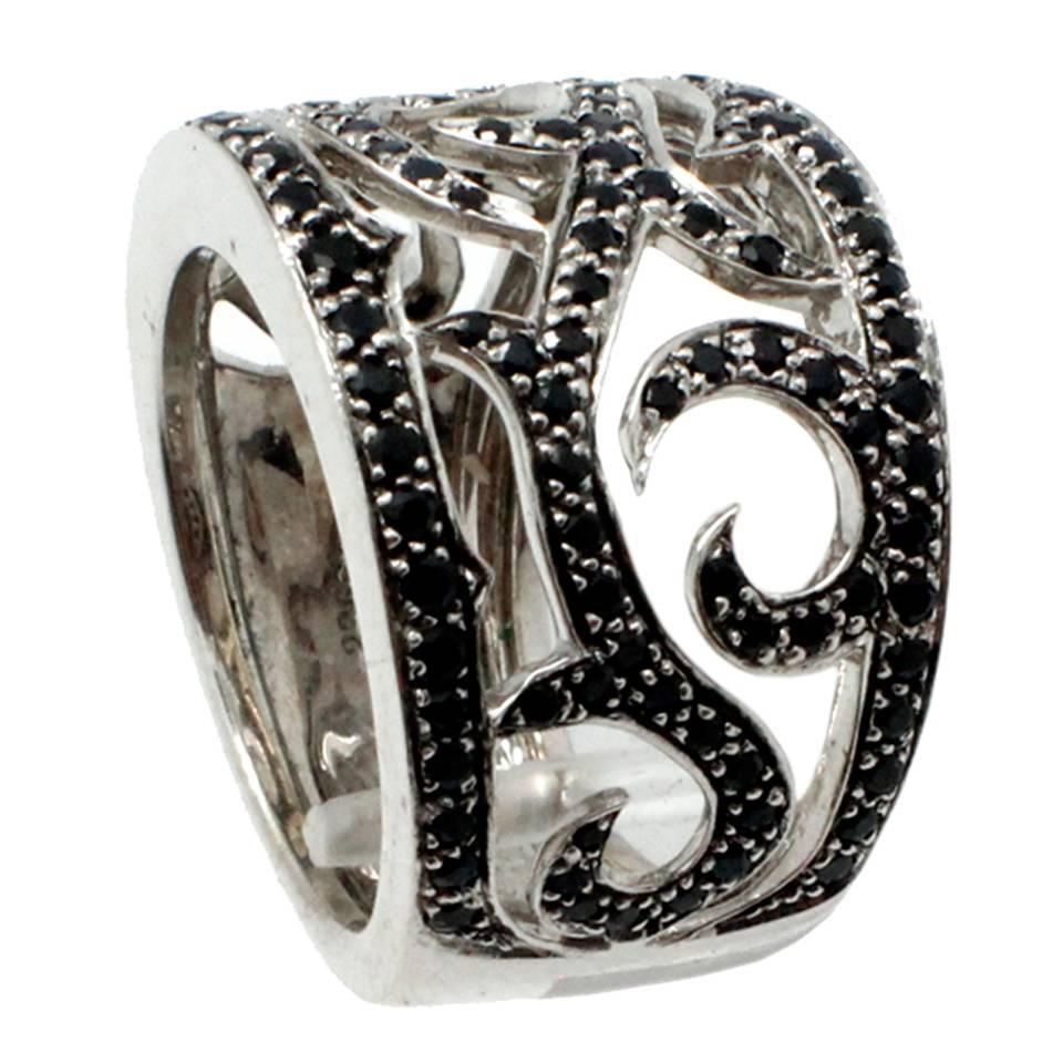 Black Sapphire Gold Wide Fashion Band Ring For Sale