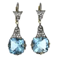 Aquamarine Diamond Gold Platinum Earrings 