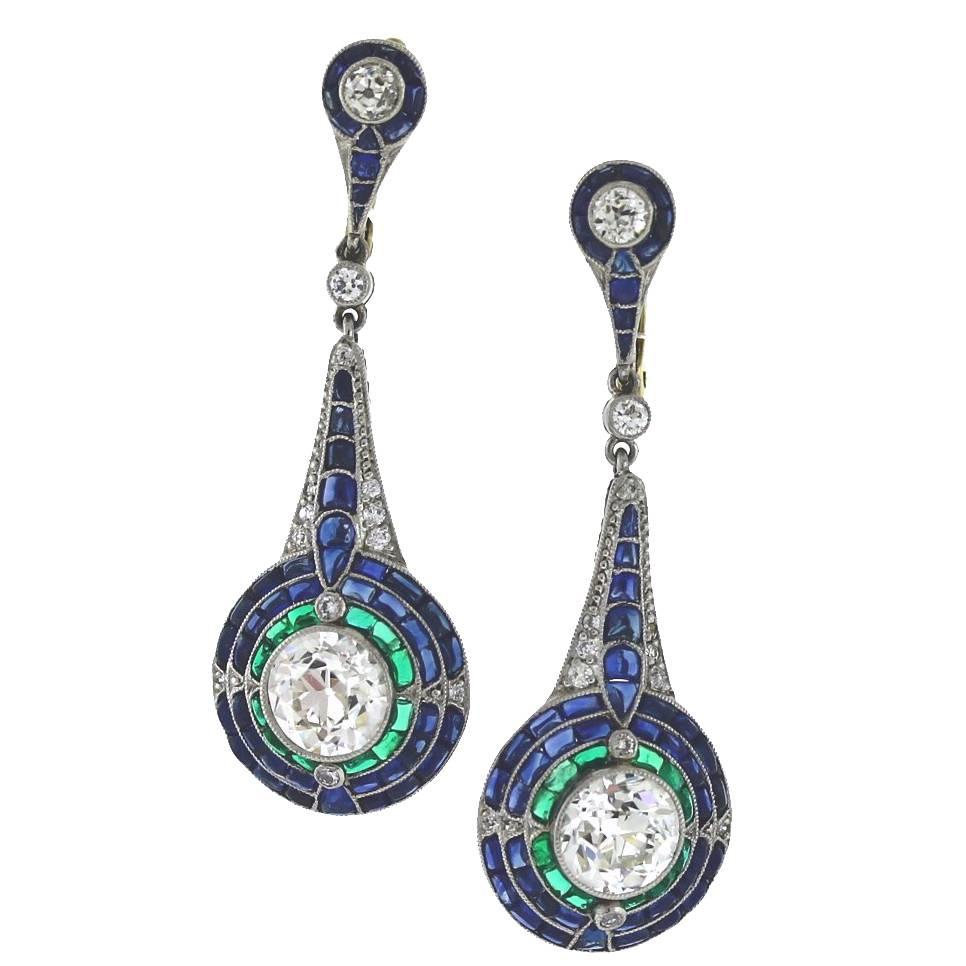  Sapphire Emerald Diamond Platinum Earrings