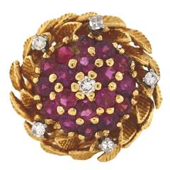 1970s Ruby Diamond Gold Leaf Cluster Ring