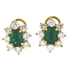 Classic Oval Emerald Diamond Gold Cluster Earrings 12