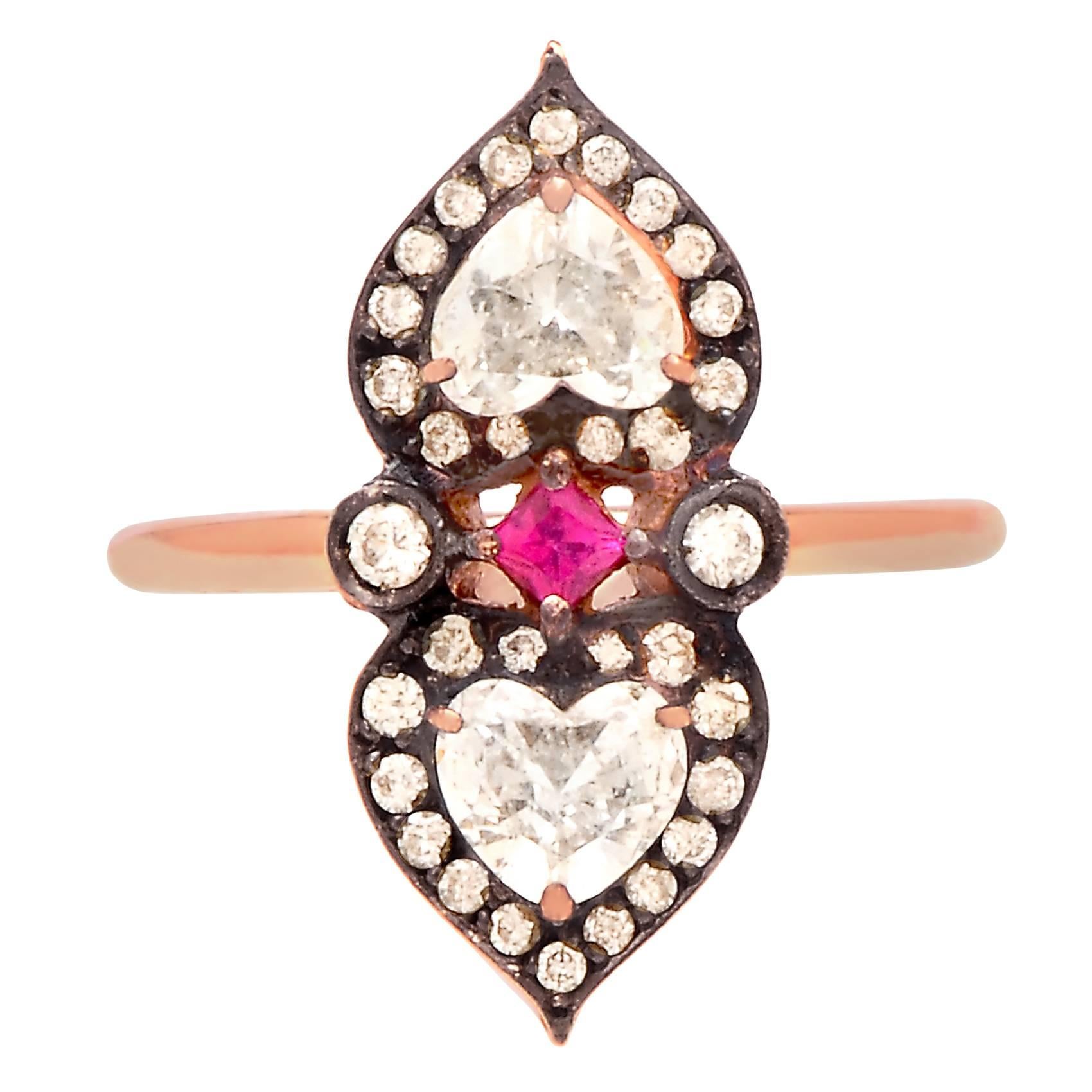 Sabine Getty Ruby Diamond Gold "Heart to Heart" Ring For Sale