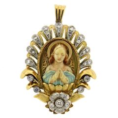 Antique Diamond Gold Platinum Mother Mary Carved Pendant