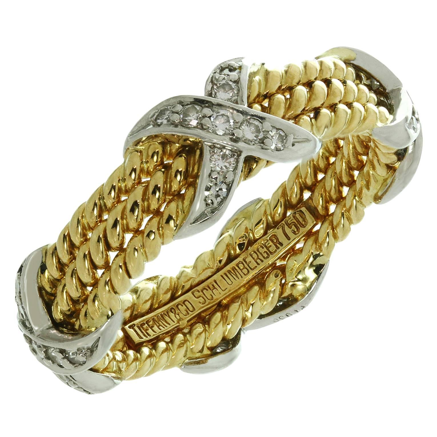 Tiffany & Co. Schlumberger 3 Row Diamond Platinum Gold Rope Design Ring 