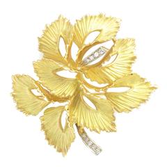Modernist French Diamond Matte Gold Leaf Brooch 10