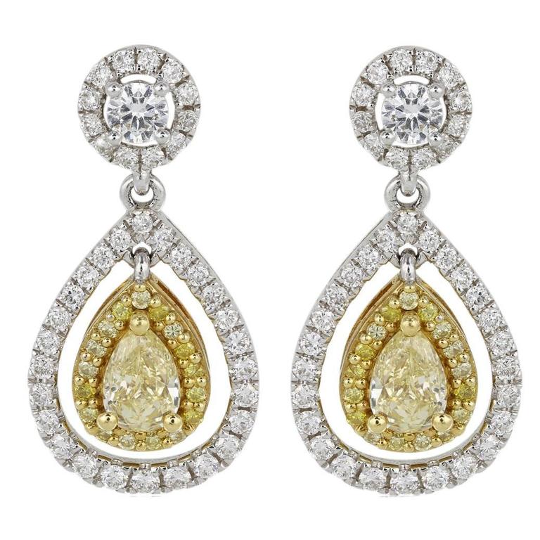 Canary Pear Shaped Diamond Drop Two Color Gold Earrings For Sale