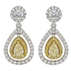 Canary Pear Shaped Diamond Drop Two Color Gold Earrings