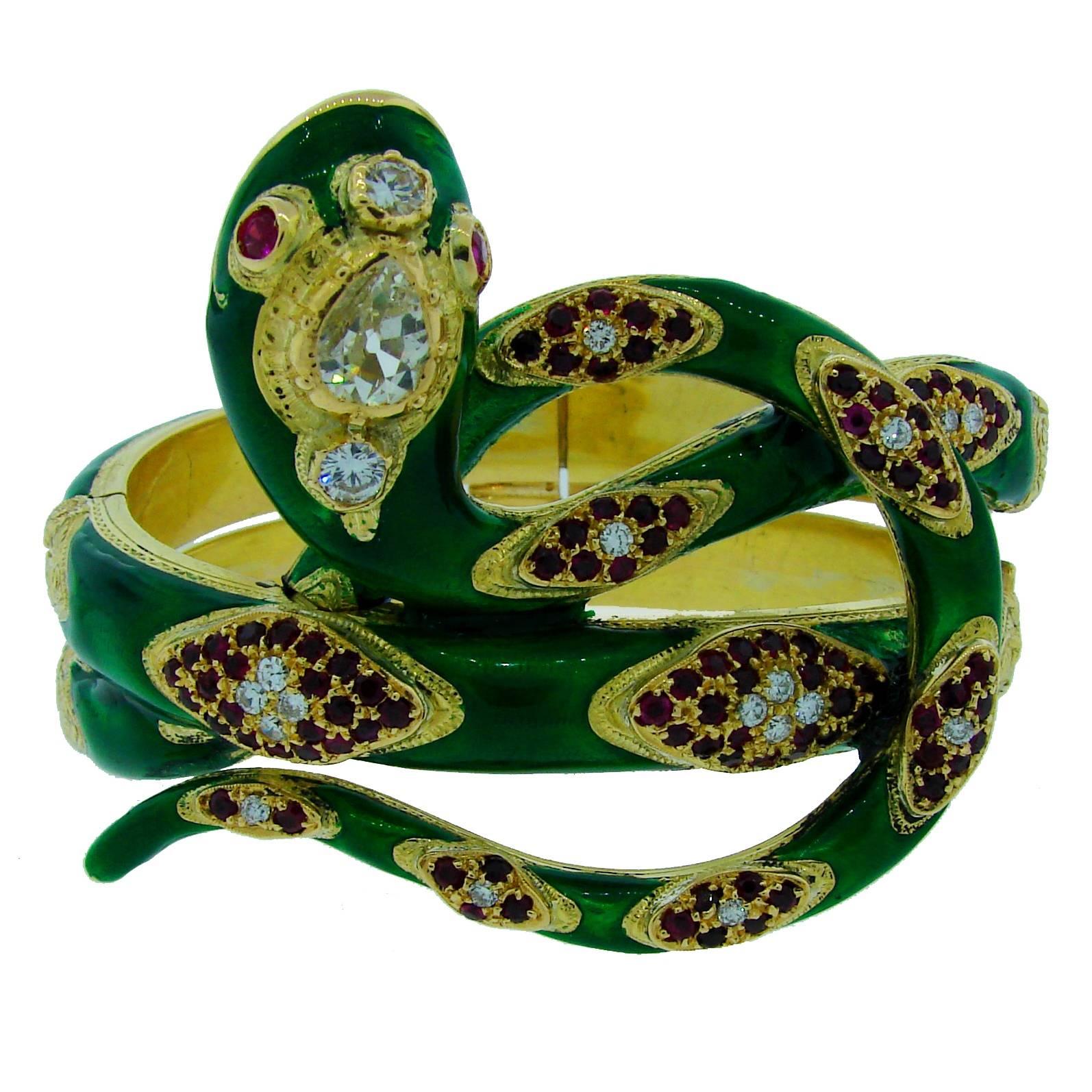 Nardi Venice Ruby Enamel Diamond Gold Snake Bangle Bracelet