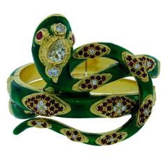 Vintage  Nardi Venice Ruby Enamel Diamond Gold Snake Bangle Bracelet