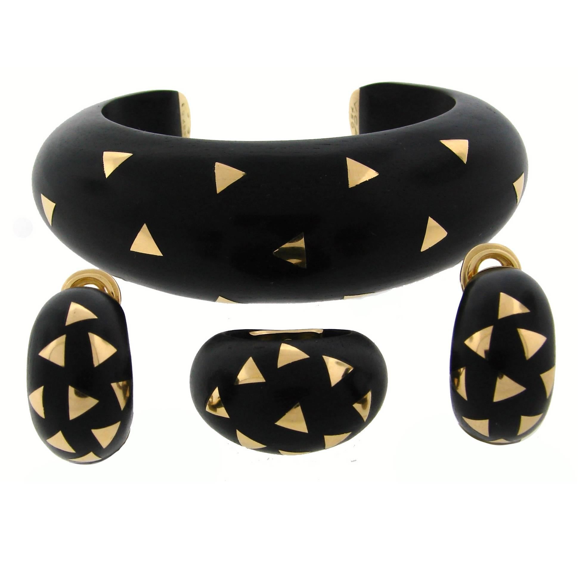 1980s Van Cleef & Arpels Wood Gold Bangle Bracelet Ring Earrings Set