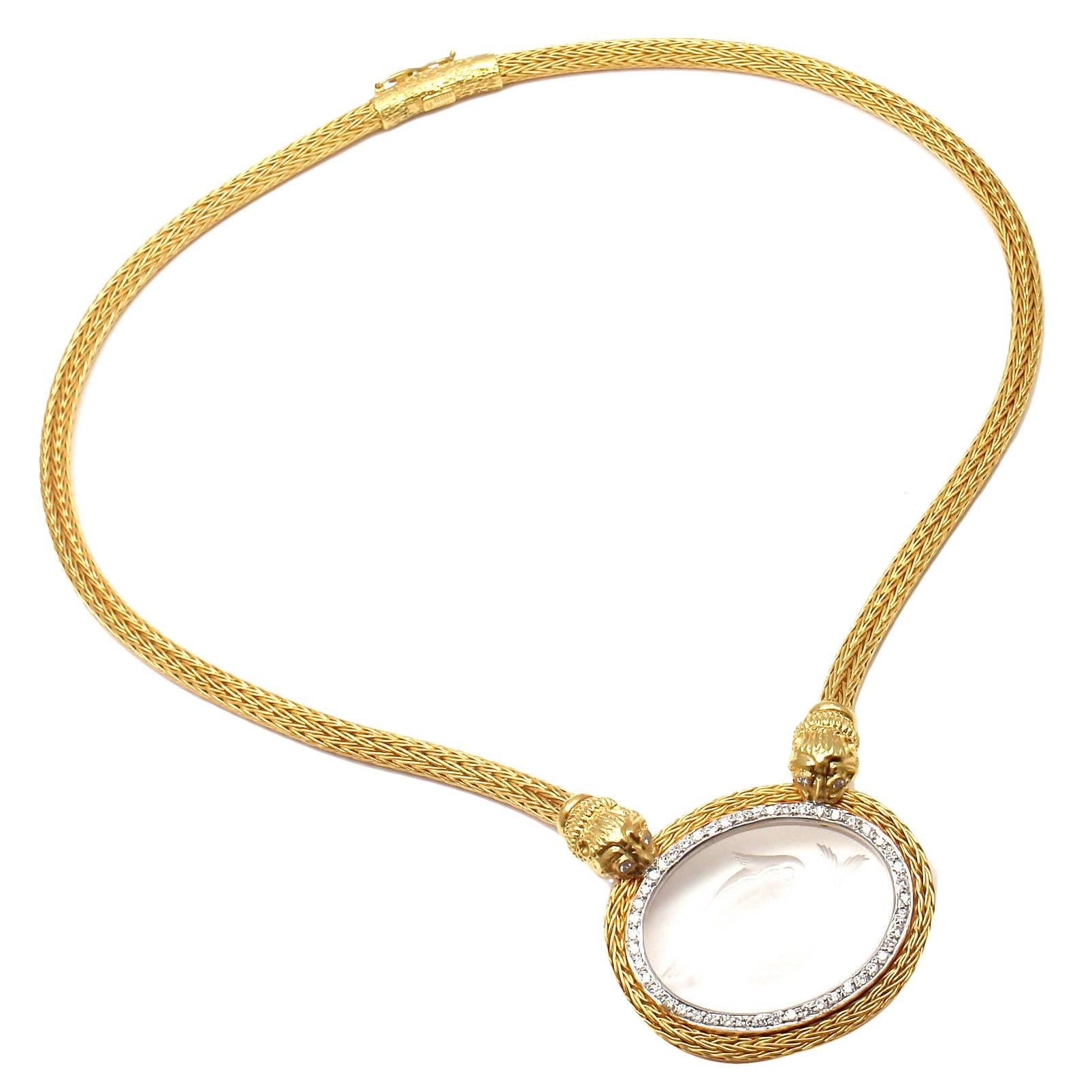 Ilias Lalaounis Greece Rock Crystal Diamond Gold Dolphin Necklace
