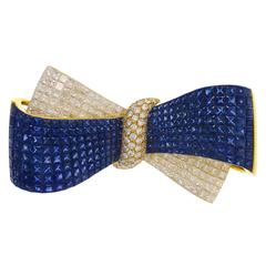 Sapphire Diamond Gold Bow Brooch 2