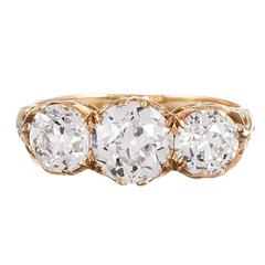 Victorian English Three Stone Diamond Gold Carved Ring 11