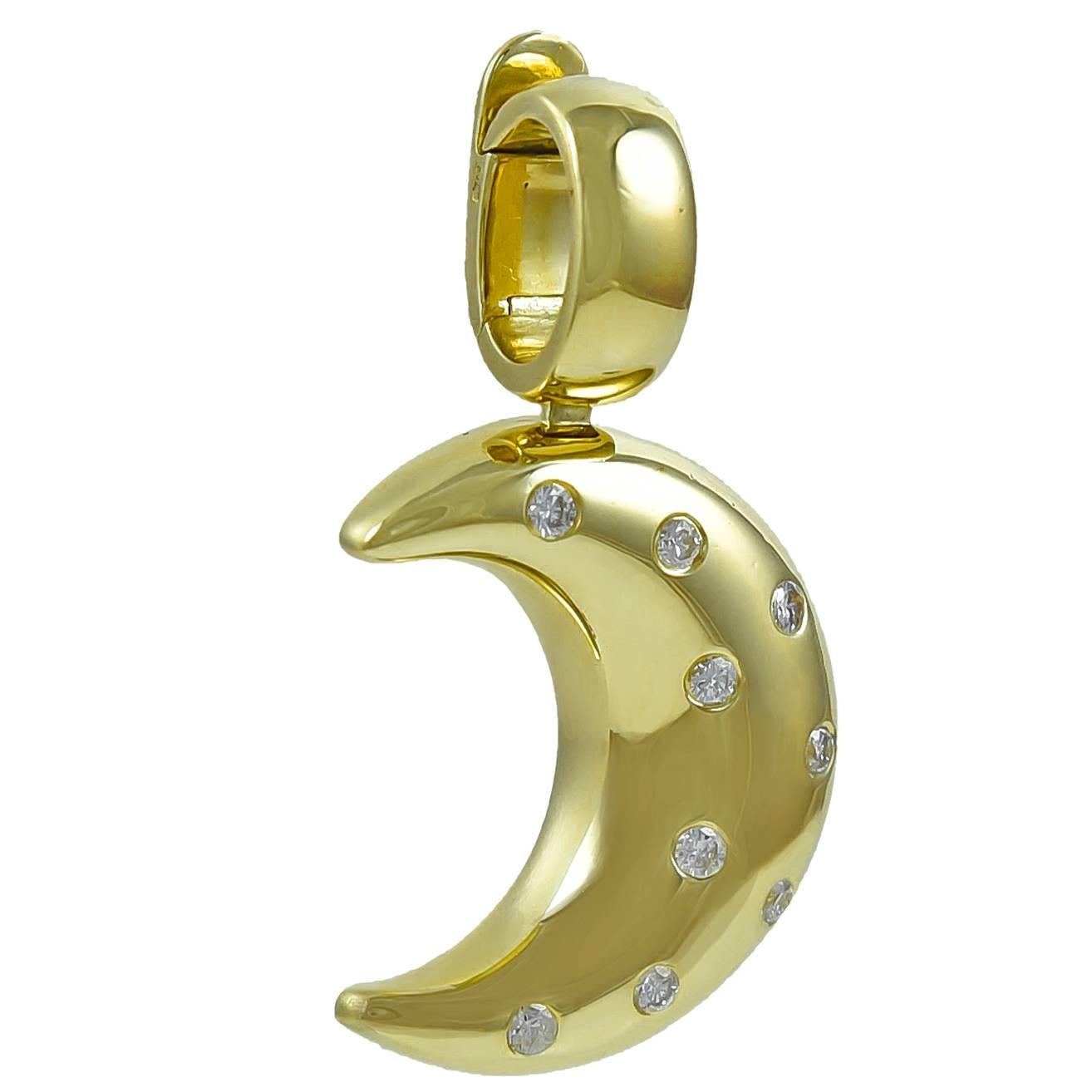 Heavy Diamond Gold Moon Pendant For Sale