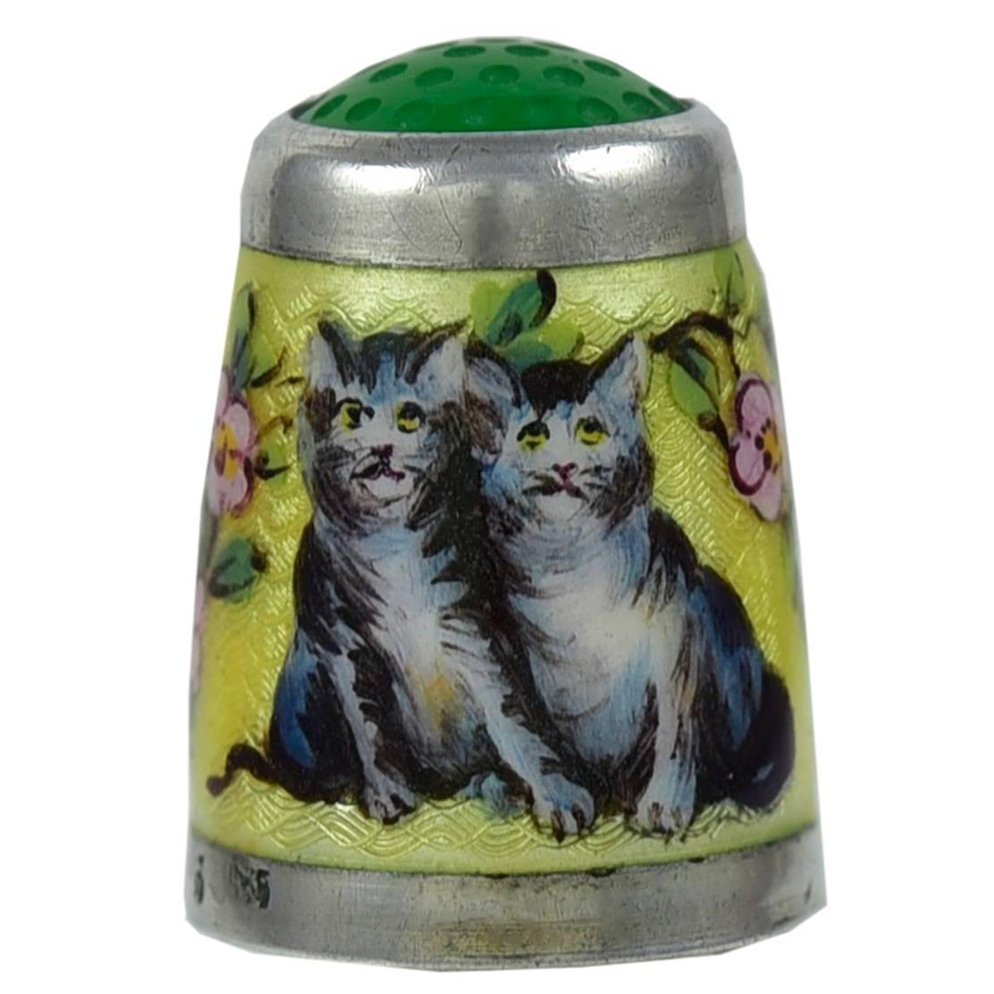 Antique Enamel and Sterling Cat Thimble