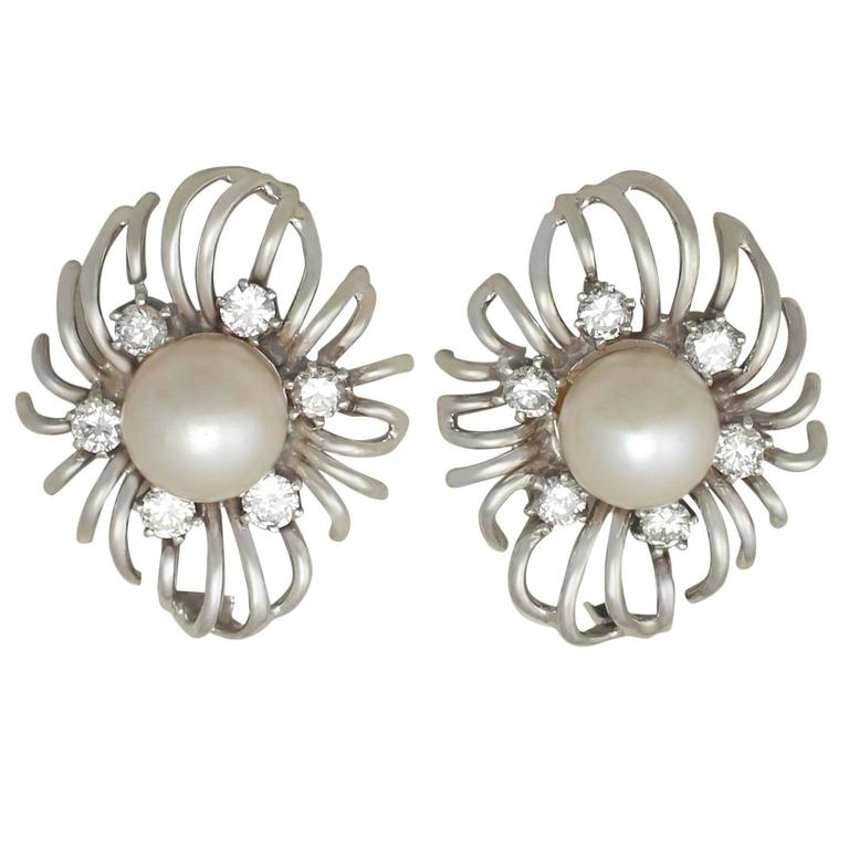 Cultured Pearl and 0.84Ct Diamond, 18k White Gold Stud Earrings