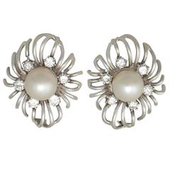 Cultured Pearl and 0.84Ct Diamond, 18k White Gold Stud Earrings - Vintage 6