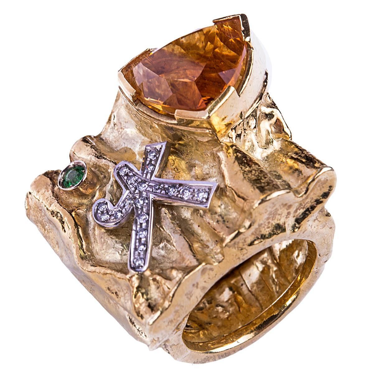 Misani Citrine Emerald Diamond Gold Ring For Sale