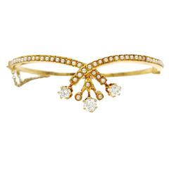1960's Gorgeous Revival Seed Pearl & Diamond Gold Crossover Bracelet