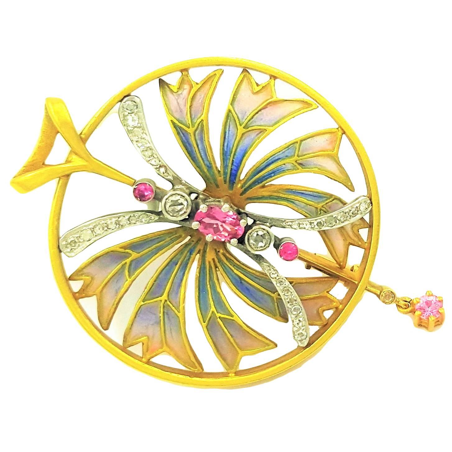 Modern Plique a Jour Enamel Pink Sapphire Tourmaline Diamond Dragonfly Pendant For Sale