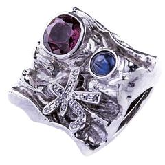 Vintage Atelier Misani Pink Tourmaline Blue Cabochon Sapphire Diamonds Gold Ring