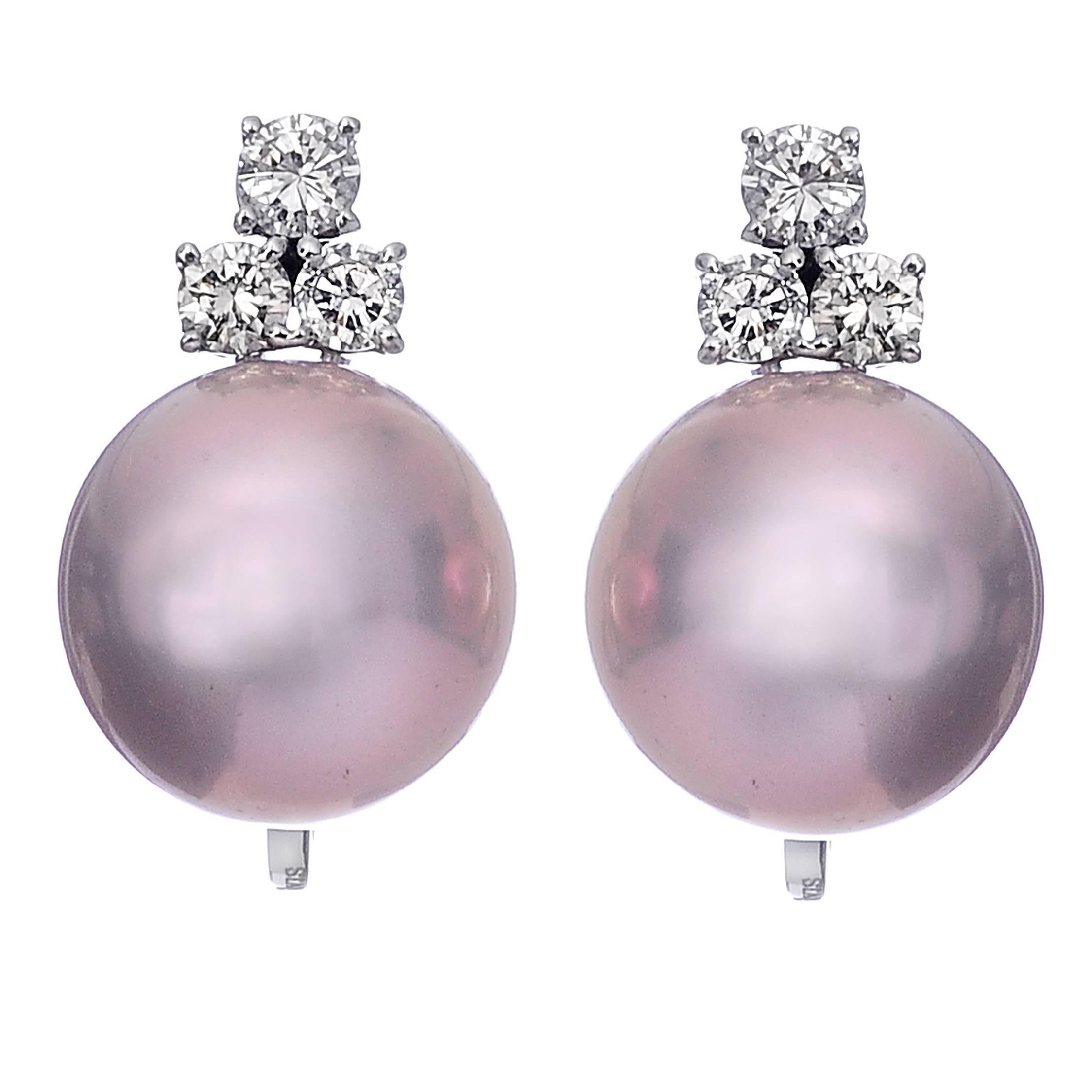 Purple Pearl Diamond Gold Earrings  For Sale