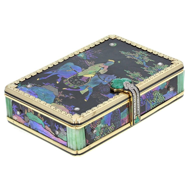 Cartier Jade Diamond Gold Lac Burgauté Chinoiserie Vanity Case For Sale
