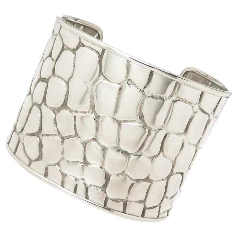 Tiffany and Co. Silver Crocodile Textured Wide Cuff Bracelet at 1stDibs